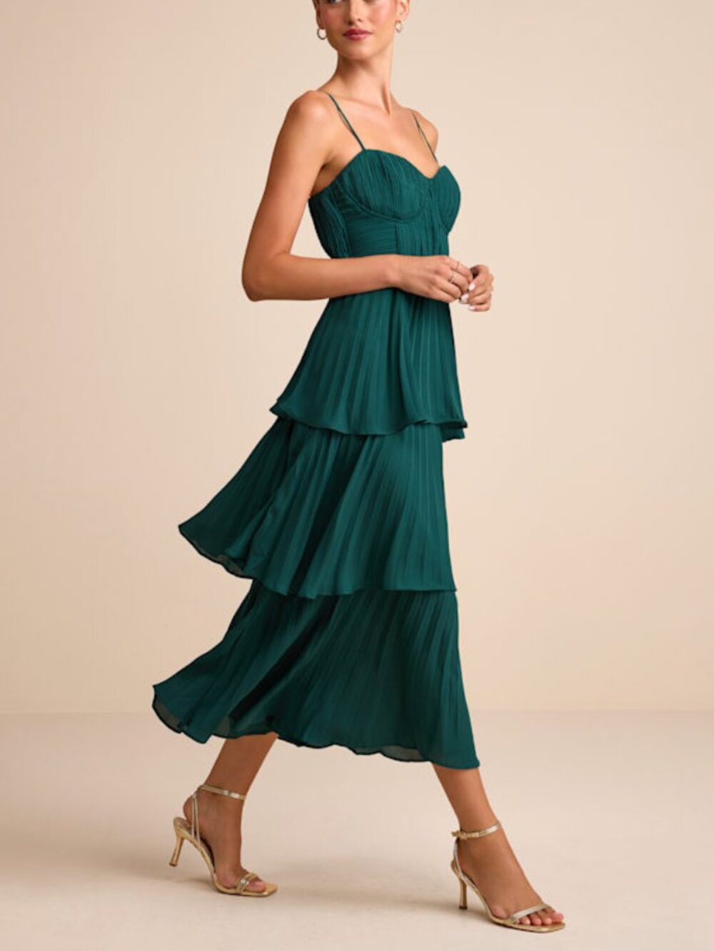 Lulus Cascading Crush Emerald Tiered Bustier Midi Dress Green - Size L